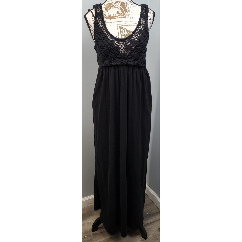 Aerie Maxi Dress Womens S Black Crochet Bodice Side Pockets Vacation Resort Wear
